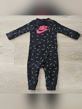 Nike Baby 9M Black Just Do It Logo Long Sleeve Romper Coverall Pink Swoosh